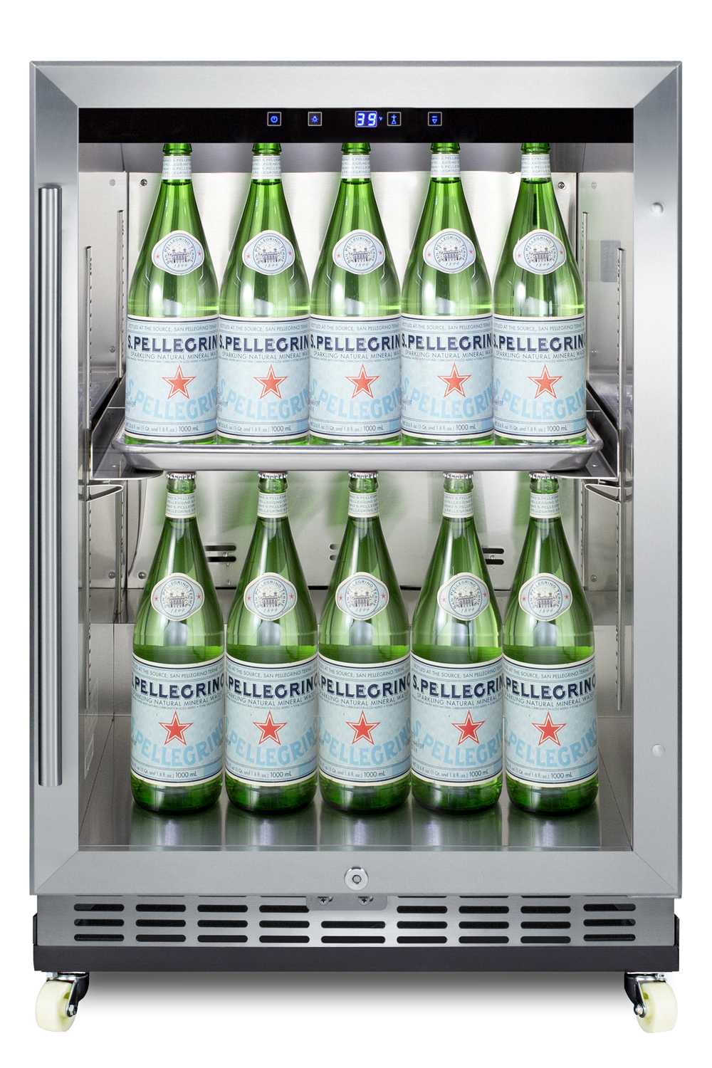 Outdoor mini reach-in commercial glass door beverage center designed for the display and refrigeration of beverages and sealed food, with a stainless steel interior and exterior cabinet, sheet pans and adjustable tray supports, chrome shelves, front lock, and removable dolly